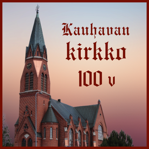 Kauhavan kirkko 100 v -logo kirkon kuvalla