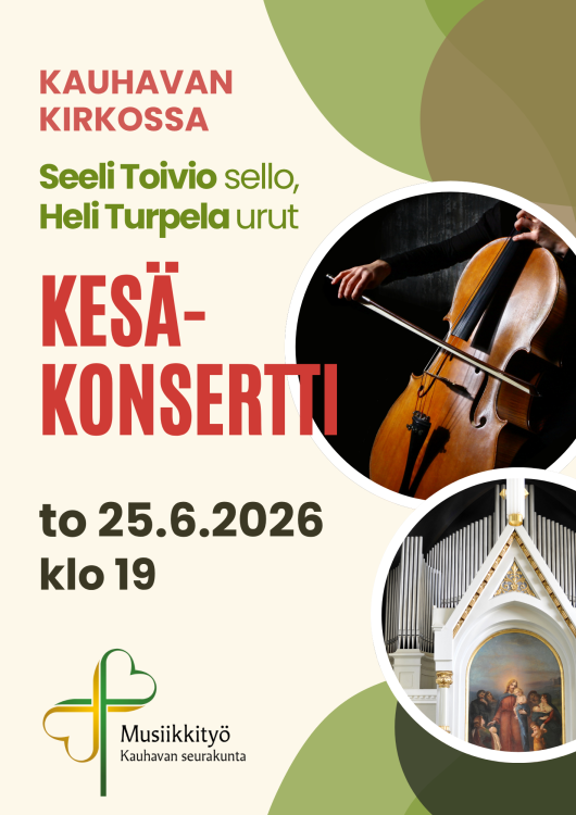 Konsertin mainos, jossa sellon ja Kauhavan kirkon alttarin kuvat