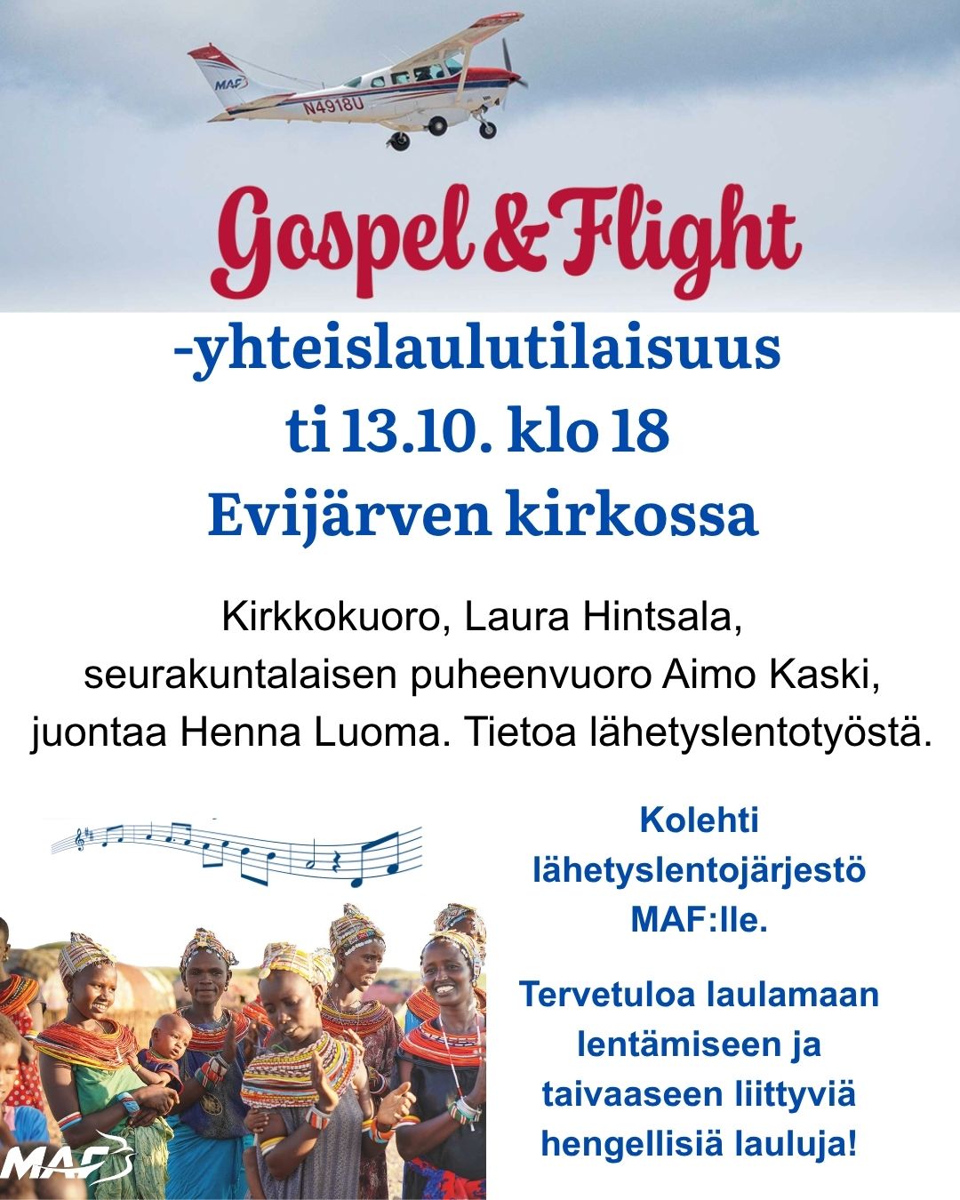 Gospel & Flight -illan mainos, jossa lentokone ja afrikkalaisia naisia