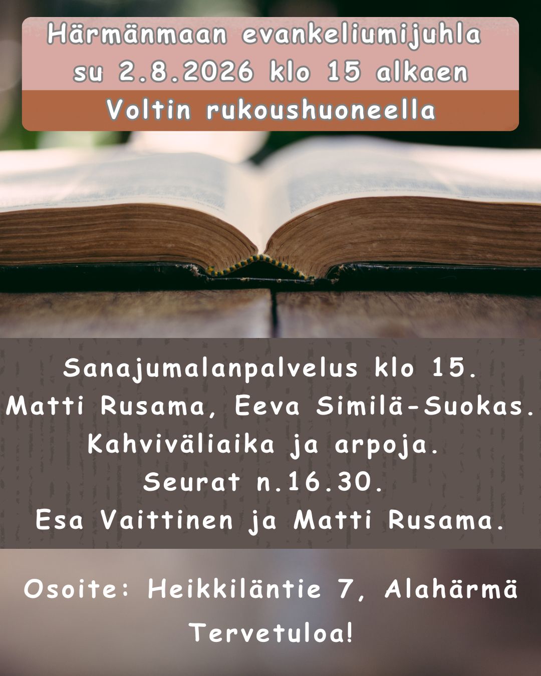 Raamattu avoinna evankeliumijuhlan mainoksessa