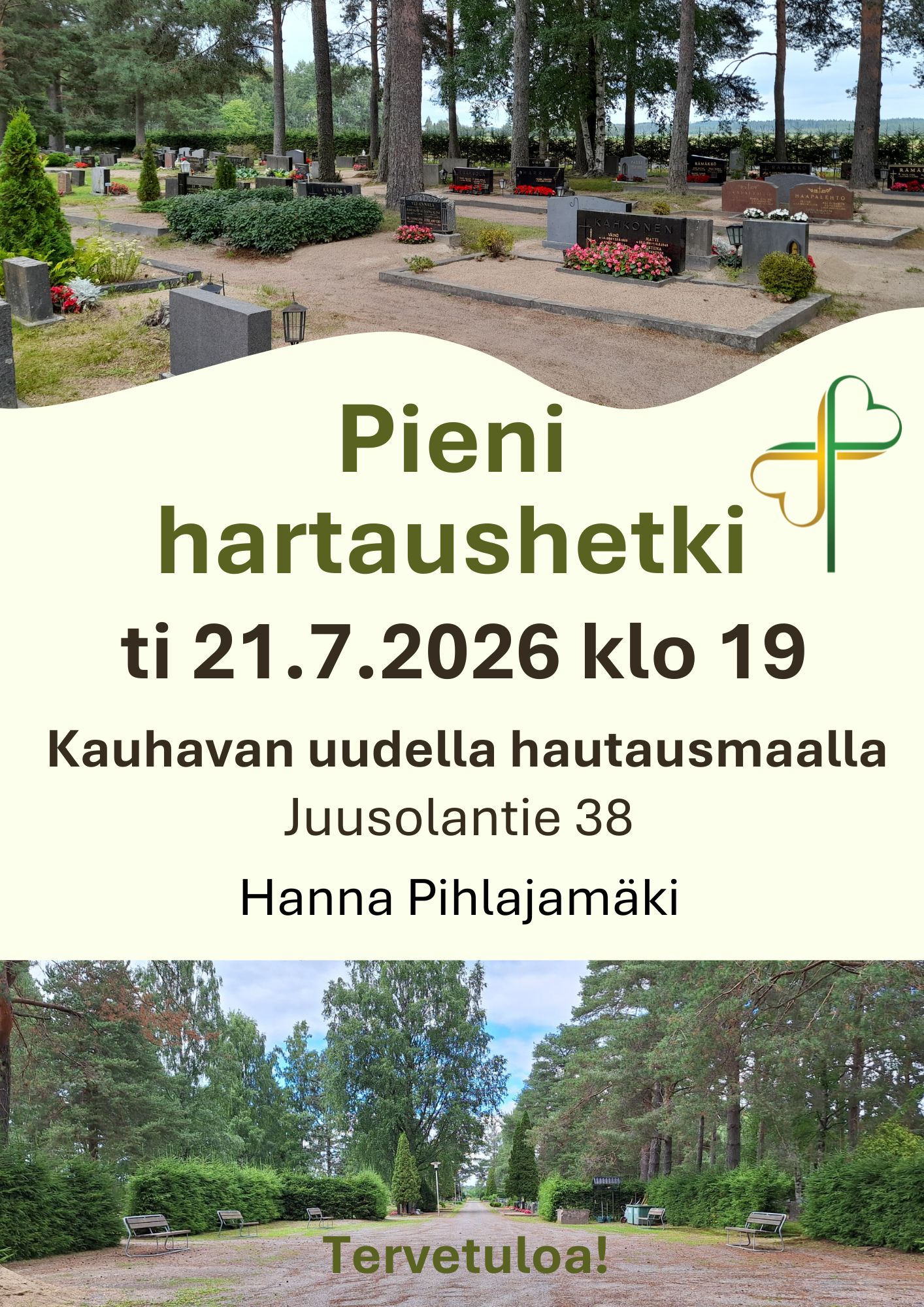Hartaushetken mainos, jossa kaksi kuvaa hautausmaalta