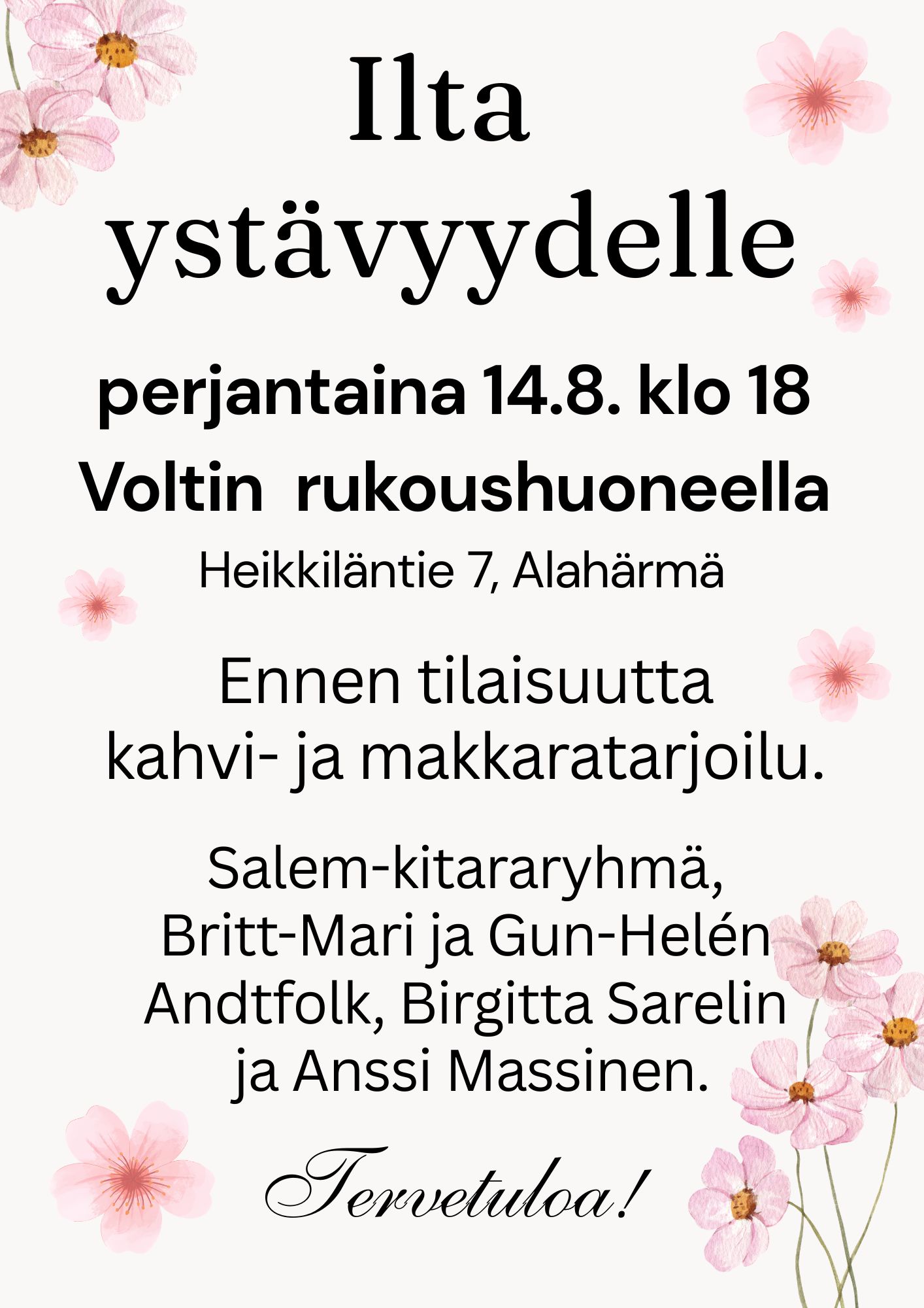 Mainos Ilta ystävyydelle -tapahtumasta kukkakuvin