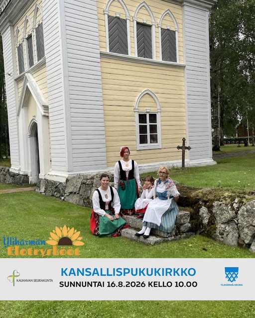 Kuvassa Ylihärmän kellotapuli ja kansallispukuisia ihmisiä
