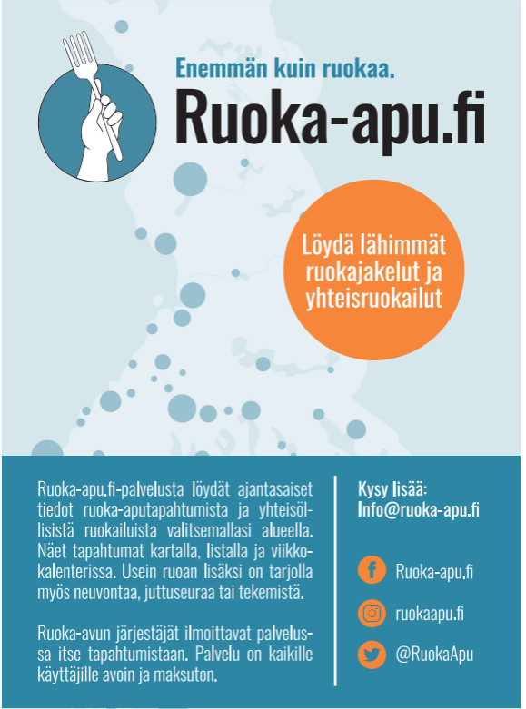 Ruoka-apu.fi sivusto näyttää lähimmät ruoka-aputapahtumat. Osoite: https://ruoka-apu.fi/