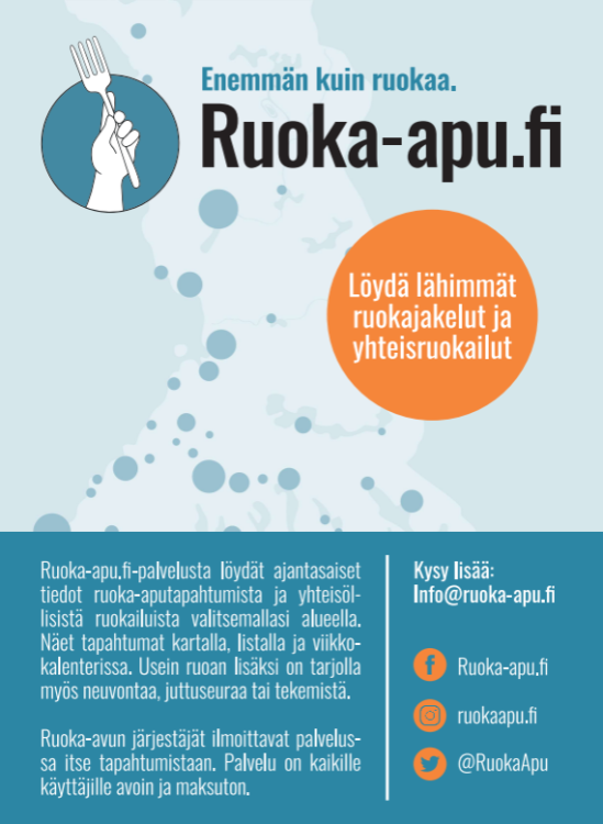 Ruoka-apu.fi sivusto näyttää lähimmät ruoka-aputapahtumat. Osoite: https://ruoka-apu.fi/