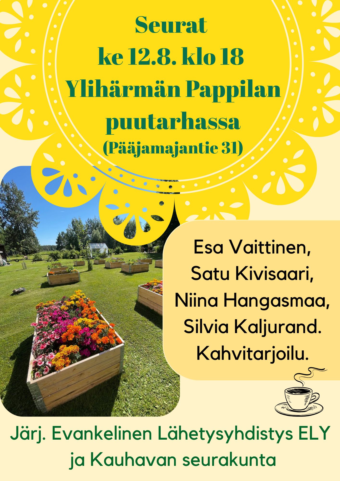 Mainos seuroista. Kuvassa puutarhan kasvulavoja