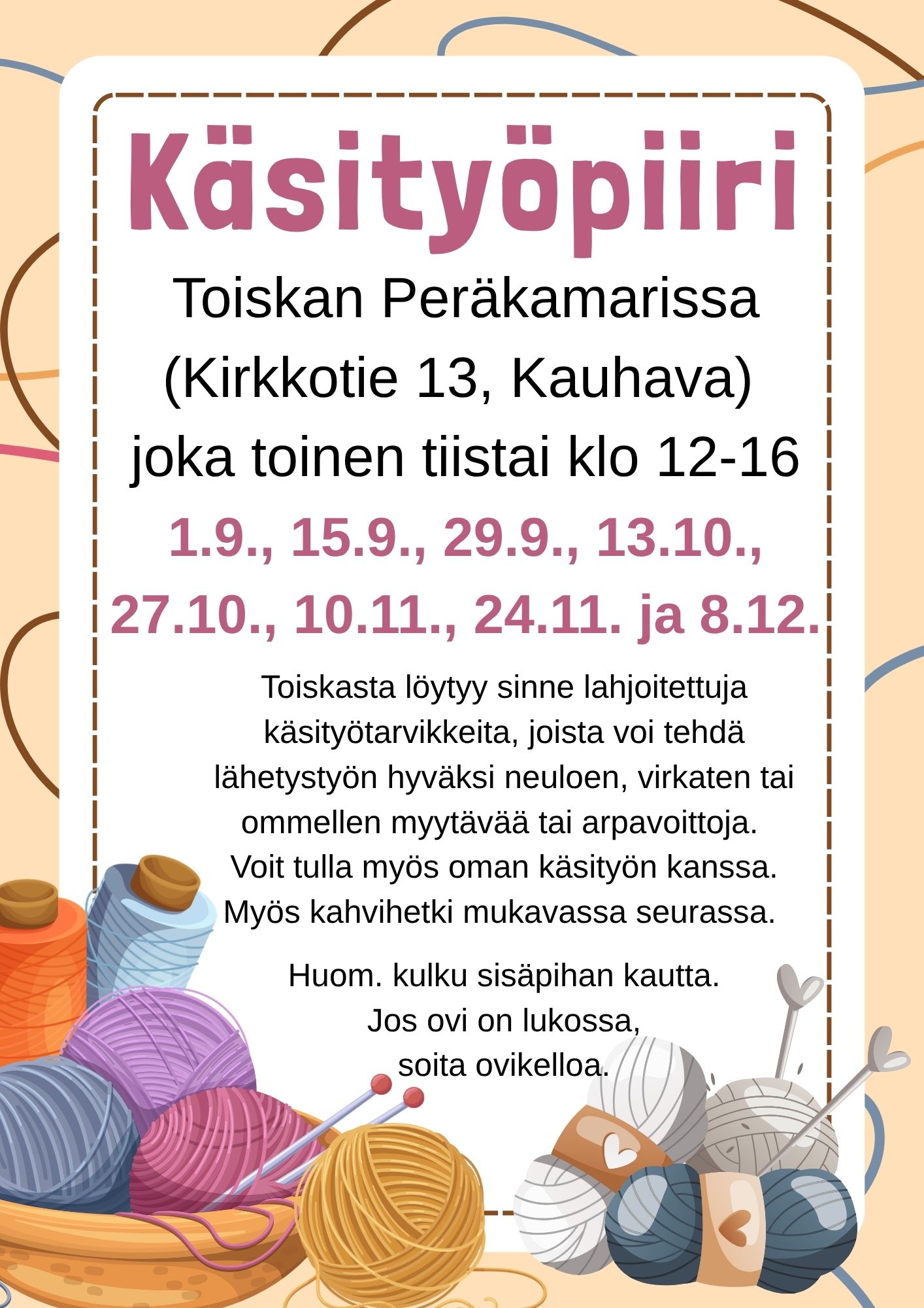 Käsityöpiirin mainos, jossa kuvia käsityötarvikkeista